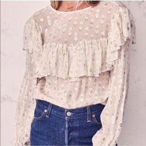 LoveShackFancy Cream and Gold Ruffled Blouse